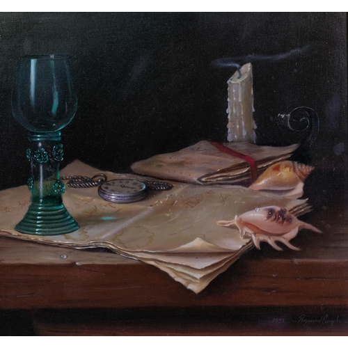 549 - Raymond Campbell, still life with shells and pocket watch, oil on canvas, signed and dated 1993, 34c... 