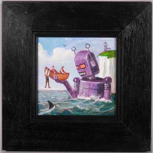 552 - Raymond Campbell, Robot Lunch Arriving, oil on panel, signed, 11cm x 11cm, framed