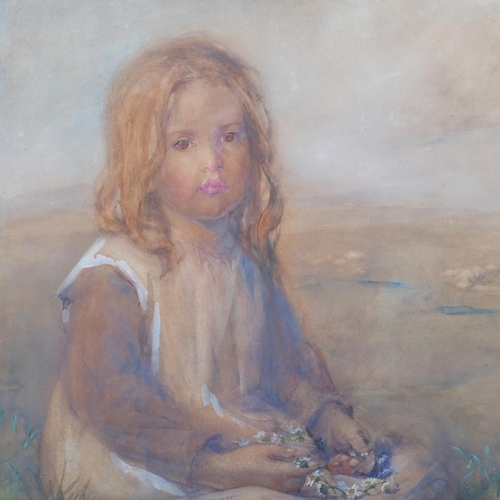 558 - Girl with a daisy chain, early 20th century watercolour, unsigned, 50cm x 60cm, framed