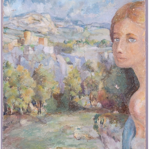 559 - Girl in Continental landscape, early to mid-20th century oil on canvas, unsigned, 80cm x 42cm, unfra... 