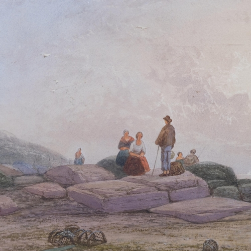 562 - 19th century English School, fisherfolk on the beach, watercolour, unsigned, 29cm x 44cm, framed