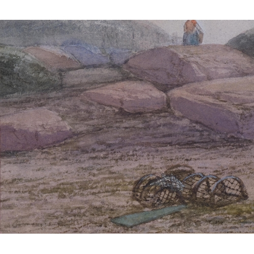 562 - 19th century English School, fisherfolk on the beach, watercolour, unsigned, 29cm x 44cm, framed