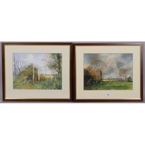 565 - Denis Morley, a group of rural landscapes, 7 watercolours and 1 print, 25cm x 33cm, all framed (8)