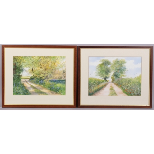 565 - Denis Morley, a group of rural landscapes, 7 watercolours and 1 print, 25cm x 33cm, all framed (8)