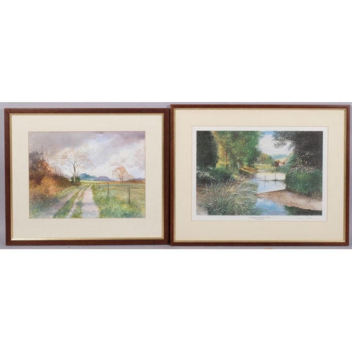 565 - Denis Morley, a group of rural landscapes, 7 watercolours and 1 print, 25cm x 33cm, all framed (8)