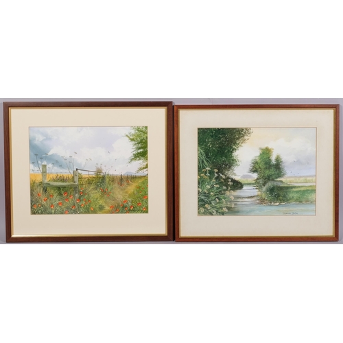 565 - Denis Morley, a group of rural landscapes, 7 watercolours and 1 print, 25cm x 33cm, all framed (8)