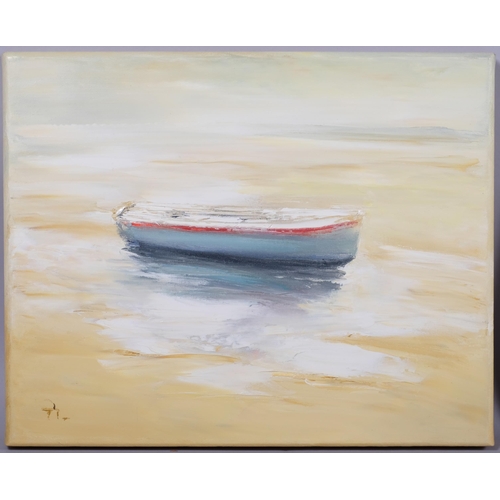 566 - 2 contemporary boating scenes, oils on canvas, largest 33cm x 70cm, unframed (2)