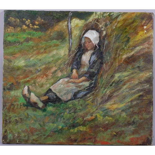 575 - Dutch girl resting, early 20th century oil on canvas, unsigned, 41cm x 46cm, unframed