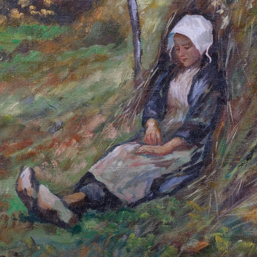 575 - Dutch girl resting, early 20th century oil on canvas, unsigned, 41cm x 46cm, unframed