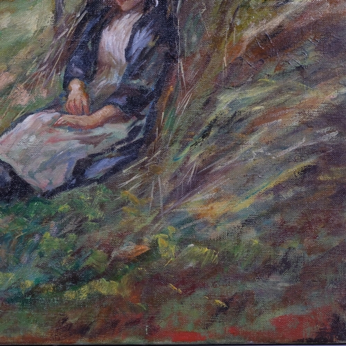 575 - Dutch girl resting, early 20th century oil on canvas, unsigned, 41cm x 46cm, unframed