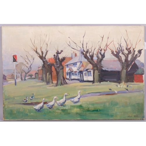 577 - Nina Hill, geese on a village green, oil on canvas, signed, 51cm x 76cm, unframed