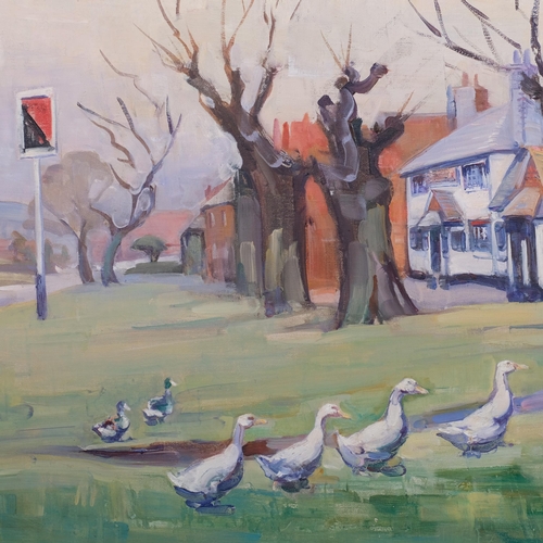 577 - Nina Hill, geese on a village green, oil on canvas, signed, 51cm x 76cm, unframed