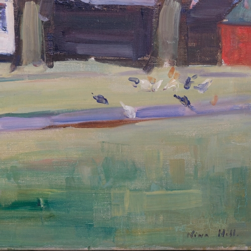 577 - Nina Hill, geese on a village green, oil on canvas, signed, 51cm x 76cm, unframed