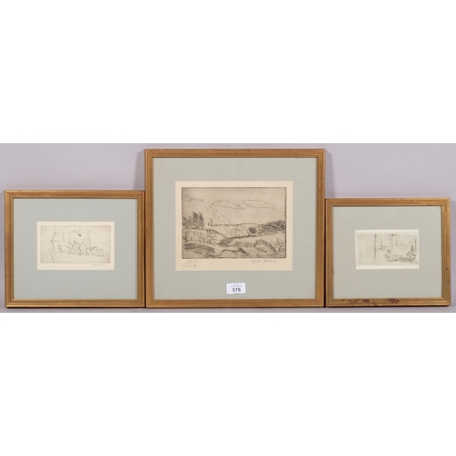 578 - Dove Schlein, 3 landscapes, etchings, all signed in pencil, largest plate 14cm x 20cm, framed (3)