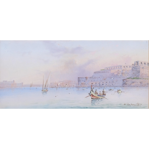 579 - D'Esposito, harbour scene Malta, gouache, signed, 11cm x 23cm, framed