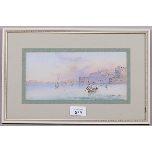 579 - D'Esposito, harbour scene Malta, gouache, signed, 11cm x 23cm, framed