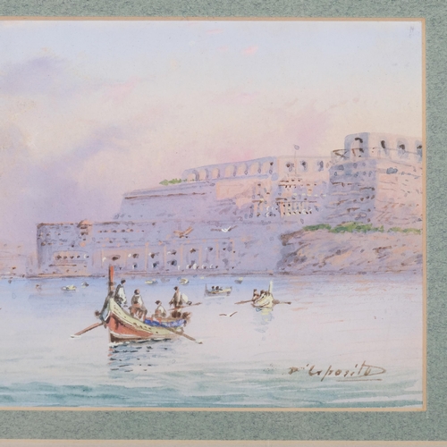 579 - D'Esposito, harbour scene Malta, gouache, signed, 11cm x 23cm, framed