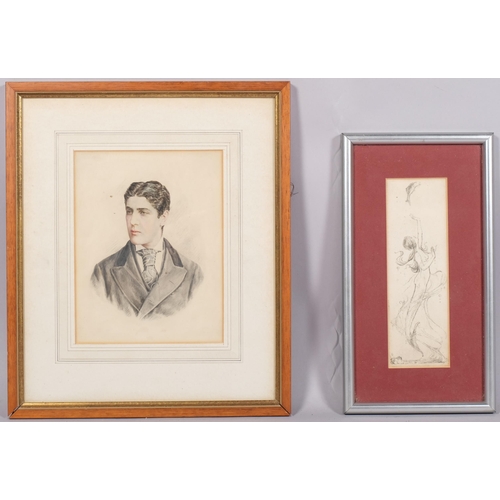 581 - Portrait of a man, watercolour, circa 1900, unsigned, 19cm x 14cm, together with etching, study of a... 