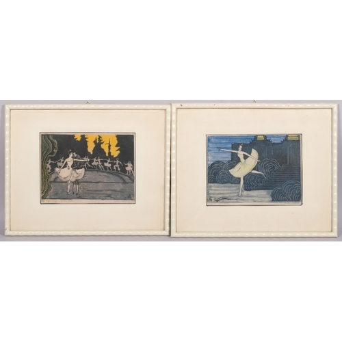 583 - Johanna Metzner, 5 ballet scenes, coloured etchings, all signed and titled in pencil, image 17cm x 2... 