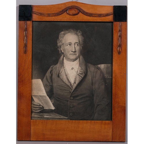 586 - J K Stieler, portrait of Goethe, lithograph, 23cm x 19cm, in carved satinwood frame