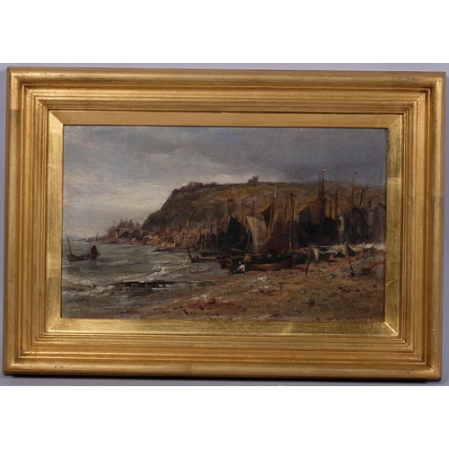 588 - Edwin Hayes (1819 - 1904), Hastings beach, oil on board, signed, title verso with date 1879, 17cm x ... 