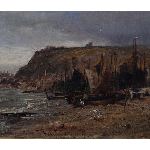 588 - Edwin Hayes (1819 - 1904), Hastings beach, oil on board, signed, title verso with date 1879, 17cm x ... 