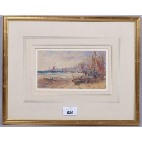 589 - Edwin Hayes (1819 - 1904), boats at Hastings, watercolour, signed, 10cm x 17cm, framed