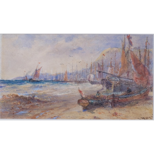 589 - Edwin Hayes (1819 - 1904), boats at Hastings, watercolour, signed, 10cm x 17cm, framed