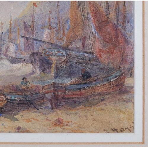 589 - Edwin Hayes (1819 - 1904), boats at Hastings, watercolour, signed, 10cm x 17cm, framed