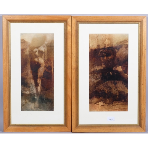 593 - Mark Halsey (born 1961), pair of abstract compositions, oil on paper, signed, 41cm x 20cm, framed