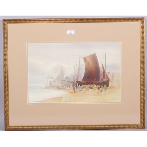 594 - Bernard Evans, fish market Hastings, watercolour, signed, 32cm x 48cm, framed