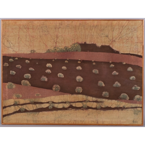 599 - 2 mid-20th century abstract batik paintings on linen, unsigned, largest 71cm x 96cm, framed (2)