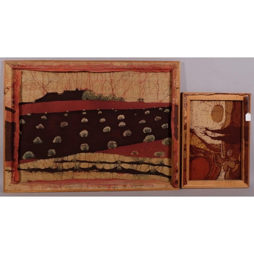 599 - 2 mid-20th century abstract batik paintings on linen, unsigned, largest 71cm x 96cm, framed (2)