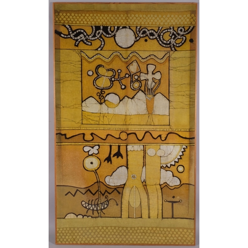 600 - Mid 20th century abstract batik painting on linen, unsigned, 145cm x 85cm, framed