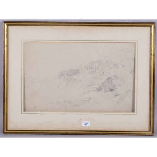 603 - David Cox, Snowdon from Capel Curig, pencil sketch, 32cm x 51cm, framed