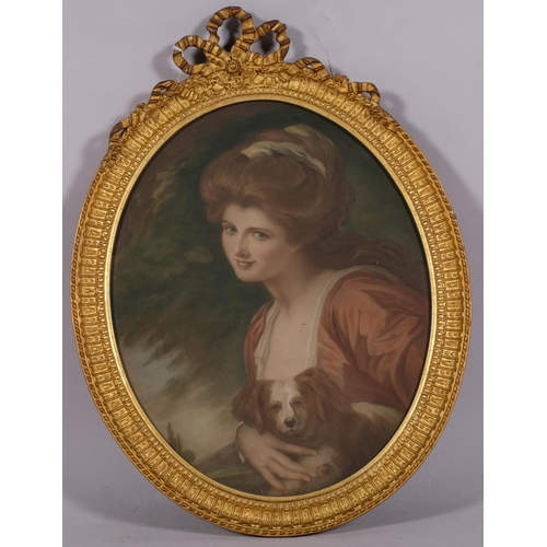 604 - Portrait of Lady Hamilton, colour mezzotint after George Romney, 33cm x 27cm, in ribbon mounted gilt... 