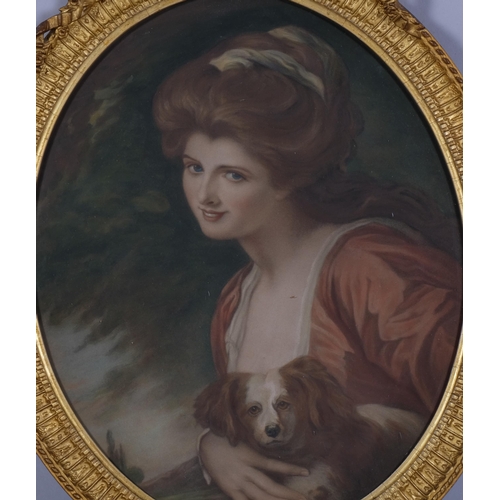 604 - Portrait of Lady Hamilton, colour mezzotint after George Romney, 33cm x 27cm, in ribbon mounted gilt... 