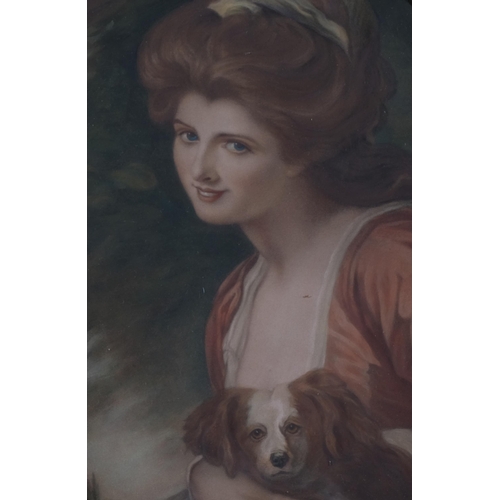 604 - Portrait of Lady Hamilton, colour mezzotint after George Romney, 33cm x 27cm, in ribbon mounted gilt... 