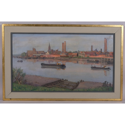 606 - Albert De Roover, barges on a river, oil on canvas, signed and dated 1958, 46cm x 81cm, framed