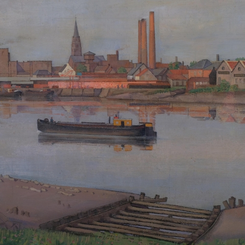 606 - Albert De Roover, barges on a river, oil on canvas, signed and dated 1958, 46cm x 81cm, framed