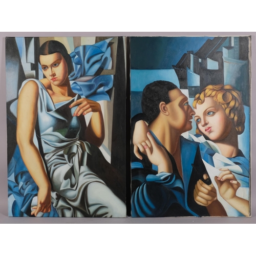 607 - After Tamara de Lempicka, pair of contemporary oils on canvas, 92cm x 61cm, unframed