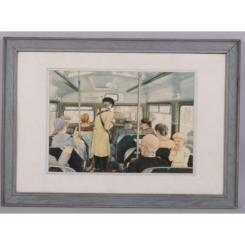 608 - John Blundell, bus interior, watercolour, signed and dated 1959, 35cm x 50cm, framed