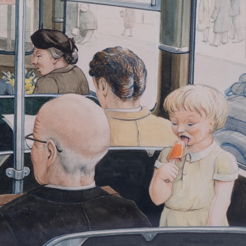 608 - John Blundell, bus interior, watercolour, signed and dated 1959, 35cm x 50cm, framed