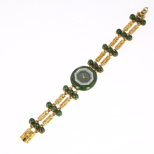 1027 - DELANEAU - a lady's 18ct gold jade and diamond mechanical cocktail bracelet watch, circa 1970s, octa... 