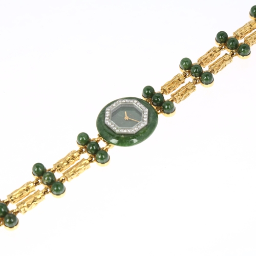 1027 - DELANEAU - a lady's 18ct gold jade and diamond mechanical cocktail bracelet watch, circa 1970s, octa... 