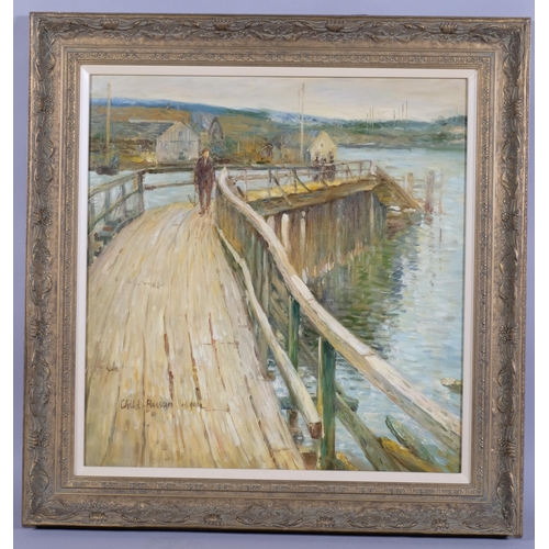 610 - Contemporary figure on a jetty, oil on canvas, 56cm x 54cm, framed