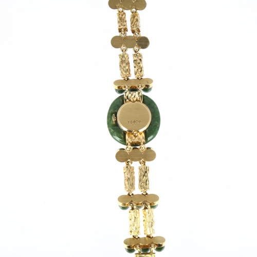 1027 - DELANEAU - a lady's 18ct gold jade and diamond mechanical cocktail bracelet watch, circa 1970s, octa... 