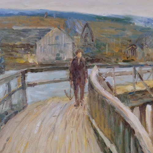 610 - Contemporary figure on a jetty, oil on canvas, 56cm x 54cm, framed