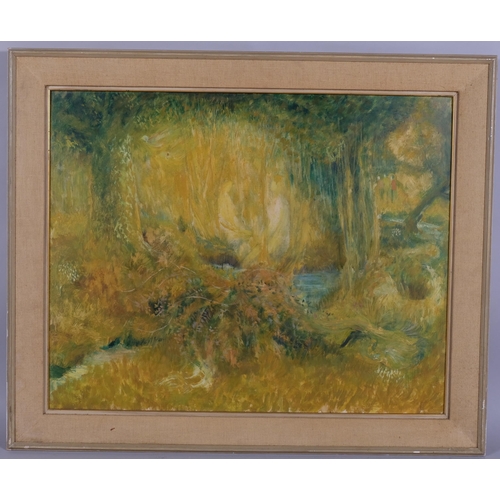 611 - Mary Goward, mystic woodland scene, oil on board, 60cm x 75cm, framed