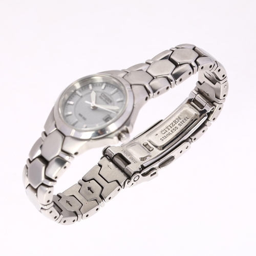 1030 - CITIZEN - a lady's stainless steel Eco-Drive WR100 quartz calendar bracelet watch, ref. E011-S065747... 